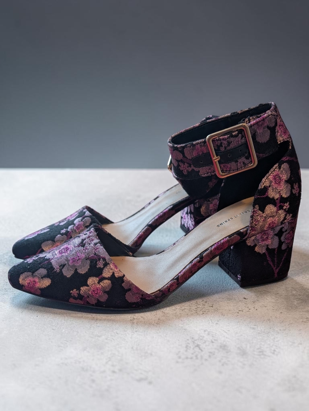 Call It Spring Black Floral Embroidered Block Heel Ankle Strap Pumps * 2 For $50